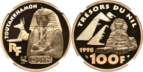 Republic gold Proof "King Tutankhamun" 100 Francs 1998 PR70 Ultra Cameo NGC, Paris mint, KM1210. Mintage: 2,000. Treasures of the Nile series. Accompa...