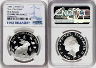 Elizabeth II silver Proof "Year of the Rabbit" 2 Pounds (1 oz) 2023 PR70 Ultra Cameo NGC, Limited Edition Presentation: 2,888. First Releases. Lunar s...