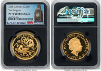 Elizabeth II gold Proof "Two Dragons" 100 Pounds (1 oz) 2018 PR70 Ultra Cameo NGC, Royal Mint, KM-Unl. Mintage: 300. Accompanied by COA (082/300). HID...