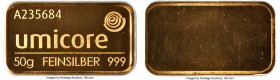 Umicore gold "50g Feinsilver 999" Bar UNC, 46mm. 50gm. 999.9 Fine. Bar Number: A235684. It is engraved "FEINSILBER" on the bar (translates to "refined...