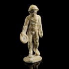 Roman Jupiter Statuette
2nd-4th century CE
Bronze, 70 mm
Nude Jupiter wearing a headgear, holding a patera in his right hand. Modern attached base....