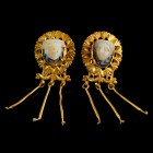 Roman Gold Earring Pair with Medusa Cameos
2nd-3rd century CE
Gold, Agate, 45 mm, 10,25 g total
Intact and wearable. Fine cutwork bezels. Each is h...