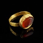 Roman Gold Intaglio Ring
3rd-4th century CE
Gold, Carnelian, 20 mm, 17 mm internal diameter
Intact and wearable.
Very fine condition.
Ex. Coll. M...