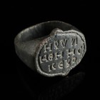 Byzantine Signet Ring
6th-10th century CE
Bronze, 22 mm, 17 mm internal diameter
Intact and wearable. Three-lined greek inscription.
Very fine con...