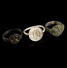3 Medieval Rings
12th-15th century CE
Bronze, Silver, 20-24 mm
Intact and wearable.
Very fine condition.
Ex. Coll. M.D., acquired at the european...