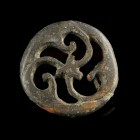 Roman Disc Brooch
2nd-3rd century CE
Bronze, 38 mm

Very fine condition. Pin is missing.
Ex. Coll. M.W., acquired at the austrian art market.