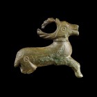 Roman Deer Brooch
2nd-3rd century CE
Bronze, 39 mm

Fine condition. Pin-holder and one leg missing.
Ex. Coll. M.W., acquired at the austrian art ...
