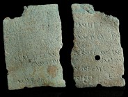 Two Roman Military Diploma Fragments
2nd-3rd century CE
Bronze, 73-75 mm
Fragments of a military diploma awarded to a discharged roman soldier. Ins...