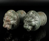 Heavy Roman Lion Head Appliques
2nd-3rd century CE
Bronze, 98-100 mm
A pair bronze appliques of a wagon axis showing lion heads.
Very fine conditi...