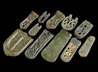 Avar/Byzantine Belt Mounts
8th-12th century CE
Bronze, 20-47 mm
11 ornamented belt mounts and strap-ends.
Very fine condition.
Ex. Coll. M.D., ac...