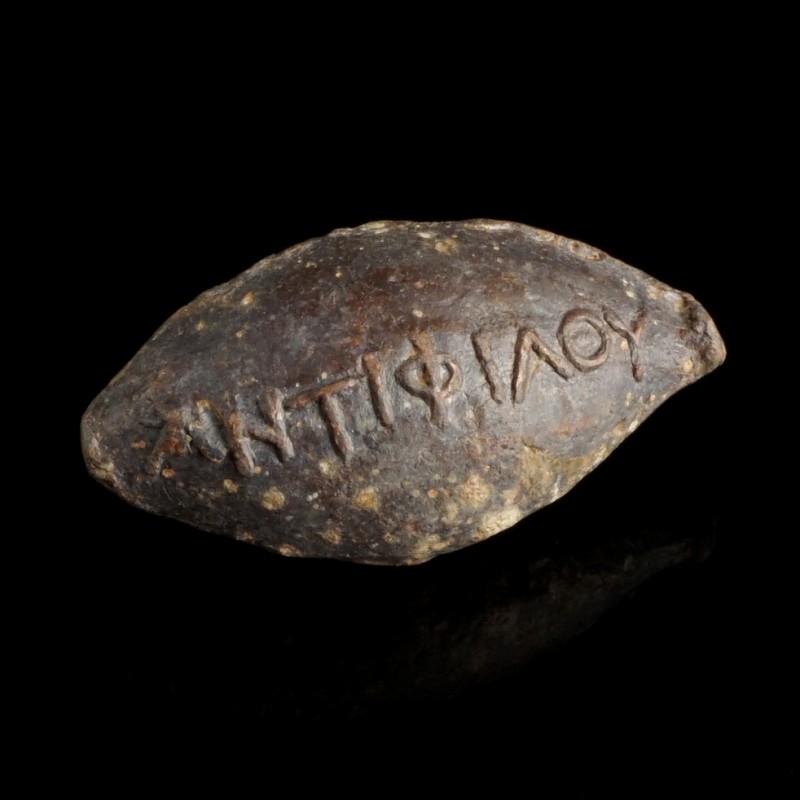 Inscribed Sling Bullet
3rd-2nd century BCE
Lead, 33 mm
"ΑΝΤΙΦΙΛΟΥ"
Very fine...
