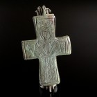Byzantine Reliquary Bronze Cross/Encolpion
10th-12th century CE
Bronze, 87 mm
Intact and closed two-sided encolpion, richly engraved. 
Excellent c...