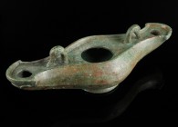Heavy Roman Hanging Oil Lamp
2nd-3rd century CE
Bronze, 244 mm, 1,09 kg
Intact with two spouts. Two swan heads where the hanging chains have been m...