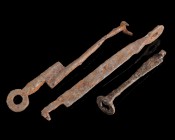 3 Medieval Push-Keys
14th-16th century CE
Iron, 66-110 mm

Fine condition. Rusted surface.
Ex. Coll. M.W., acquired at the austrian art market.
