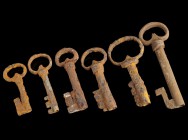 6 Baroque Iron Keys
17th-18th century CE
Iron, 56-100 mm

Fine condition. Rusted surface.
Ex. Coll. M.W., acquired at the austrian art market.