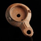 Roman Oil Lamp
1st-2nd century CE
Clay, 111 mm
Producer stamp "STROBILI"
Very fine condition.
Ex. Coll. B.K., acquired at the european art market...