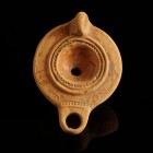 Roman Oil Lamp
1st-3rd century CE
Clay, 85 mm
Showing ornaments.
Fine condition.
Ex. Coll. B.K., acquired at the european art market.
