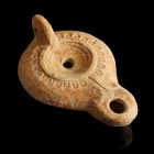 Roman Oil Lamp
1st-3rd century CE
Clay, 90 mm

Fine condition.
Ex. Coll. B.K., acquired at the european art market.