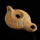 Roman Oil Lamp
1st-3rd century CE
Clay, 91 mm

Fine condition. Small crack and spallings.
Ex. Coll. B.K., acquired at the european art market.