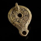 Roman Oil Lamp
1st-3rd century CE
Clay, 88 mm
Richly decorated.
Fine condition. Some incrustations.
Ex. Coll. B.K., acquired at the european art ...