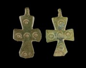 Byzantine Cross Pendants
8th-12th century CE
Bronze, 34-31 mm
Lot of two intact pendants.
Fine condition.
Ex. Coll. P.K., acquired at the austria...