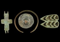 Miscellaneous 
1st-12th century CE
Bronze, 51-32 mm
Lot existing of a roman bracelet, a celtic enamelled mount, a byzantine encolpion half and a by...
