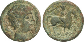 Celtiberian Coins
As. 220-20 a.C. ILTIRTA (LLEIDA). Anv.: Cabeza masculina a derecha, rodeada por tres delfines. Rev.: Jinete con palma y clámide a d...