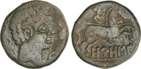 Celtiberian Coins
As. 120-20 a.C. OROSIS (Zona media del EBRO). Anv.: Cabeza masculina a derecha rodeada por tres delfines. Rev.: Jinete con lanza a ...