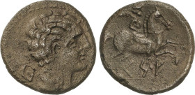 Celtiberian Coins
As. 120-20 a.C. CESE (TARRAGONA). Anv.: Cabeza masculina a derecha, detrás letra ibérica Cu. Rev.: Jinete con palma a derecha, deba...