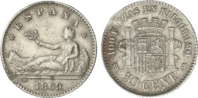 Peseta Period
Provisional Government and I Republic
50 Céntimos. 1869 (*6-9). S.N.-M. (Oxidaciones limpiadas y golpecito en gráfila). (MBC+).