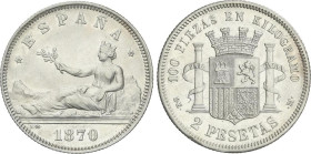 Peseta Period
Provisional Government and I Republic
2 Pesetas. 1870 (*18-73). D.E.-M. EBC-.