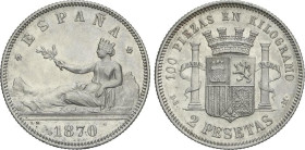 Peseta Period
Provisional Government and I Republic
2 Pesetas. 1870 (*18-74). D.E.-M. EBC-.