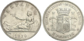 Peseta Period
Provisional Government and I Republic
5 Pesetas. 1870 (*18-70). S.N.-M. (Golpecitos). MBC+.