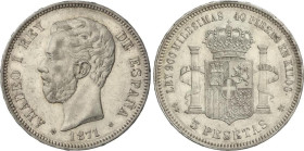 Peseta Period
Amadeo I
5 Pesetas. 1871 (*18-71). S.D.-M. (Golpecitos). EBC-.