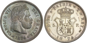 Peseta Period
Charles VII, Pretender
Reproducción 5 Pesetas. 1874. BRUSELAS. AR. Acuñación de 400 medallas numeradas de 1974 (nº 044). (Dos rayas en...