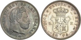 Peseta Period
Charles VII, Pretender
Reproducción 5 Pesetas. 1874. BRUSELAS. AR. Con el escudete de Cataluña bajo el cuello. Acuñación de 400 medall...