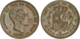 Peseta Period
Alfonso XII
5 Céntimos. 1877. BARCELONA. O.M. Bonita pátina. MBC+.