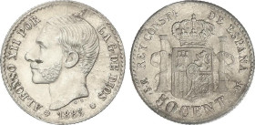 Peseta Period
Alfonso XII
50 Céntimos. 1885 (*8-6). M.S.-M. (Pequeña manchita en anverso). EBC-.