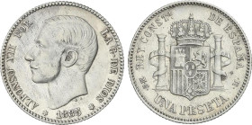 Peseta Period
Alfonso XII
1 Peseta. 1885 (*18-85). M.S.-M. (Golpecitos). MBC/MBC+.