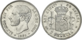 Peseta Period
Alfonso XII
2 Pesetas. 1881 (*18-81). M.S.-M. MBC+.