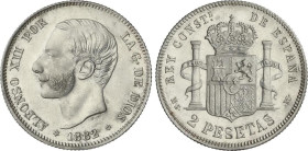 Peseta Period
Alfonso XII
2 Pesetas. 1882 (*18-82). M.S.-M. EBC.