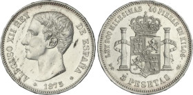 Peseta Period
Alfonso XII
5 Pesetas. 1875 (*18-75). D.E.-M. (Limpiada y golpecitos y hojita). EBC-.