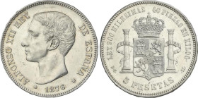 Peseta Period
Alfonso XII
5 Pesetas. 1876 (*_8-76). D.E.-M. (Limpiada). EBC-.