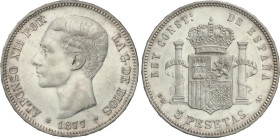 Peseta Period
Alfonso XII
5 Pesetas. 1877 (*18-77). D.E.-M. Restos de brillo. EBC-.