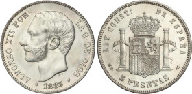 Peseta Period
Alfonso XII
5 Pesetas. 1883/1 (*18-83). M.S.-M. (Limpiada, rayas en reverso). VS-89.1. EBC/EBC-.