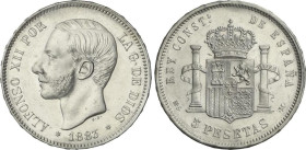 Peseta Period
Alfonso XII
5 Pesetas. 1883 (*18-83). M.S.-M. EBC-.