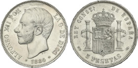 Peseta Period
Alfonso XII
5 Pesetas. 1884 (*18-84). M.S.-M. (Rayitas y golpecitos en gráfila). EBC-/EBC.