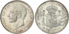 Peseta Period
Alfonso XII
5 Pesetas. 1884 (*18-84). M.S.-M. Brillo original en anverso. (Leves oxidaciones en reverso). EBC-.