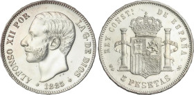 Peseta Period
Alfonso XII
5 Pesetas. 1885 (*18-85). M.S.-M. (Limpiada, golpecitos). EBC/EBC-.