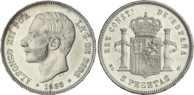 Peseta Period
Alfonso XII
5 Pesetas. 1885 (*18-87). M.S.-M. Brillo original. (Rayitas). EBC.
